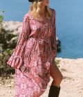 Maxi Dress Happy Feathers, Red/Pink - Isla Ibiza Bonita
