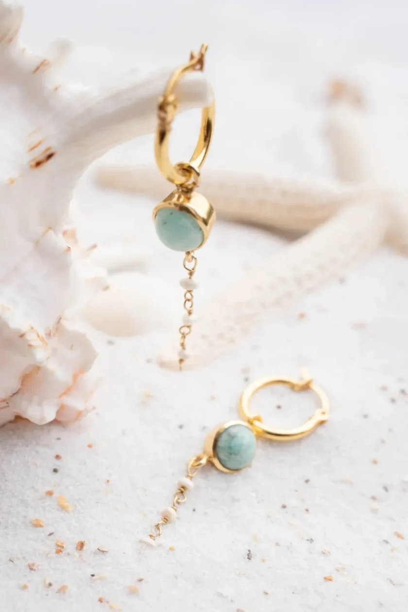 Earring Pearl Chain Gold Aqua