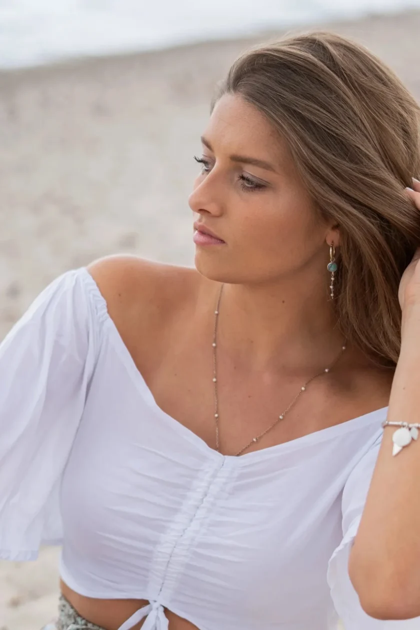 Earring Pearl Chain Silver Aqua – Image 6