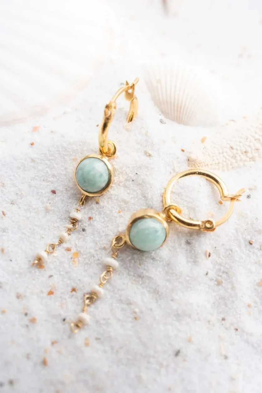 Earring Pearl Chain Gold Aqua – Image 2