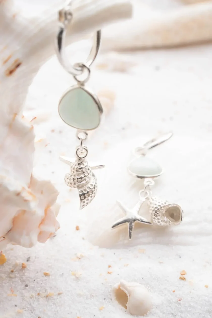 Earring Shell Star Silver Aqua