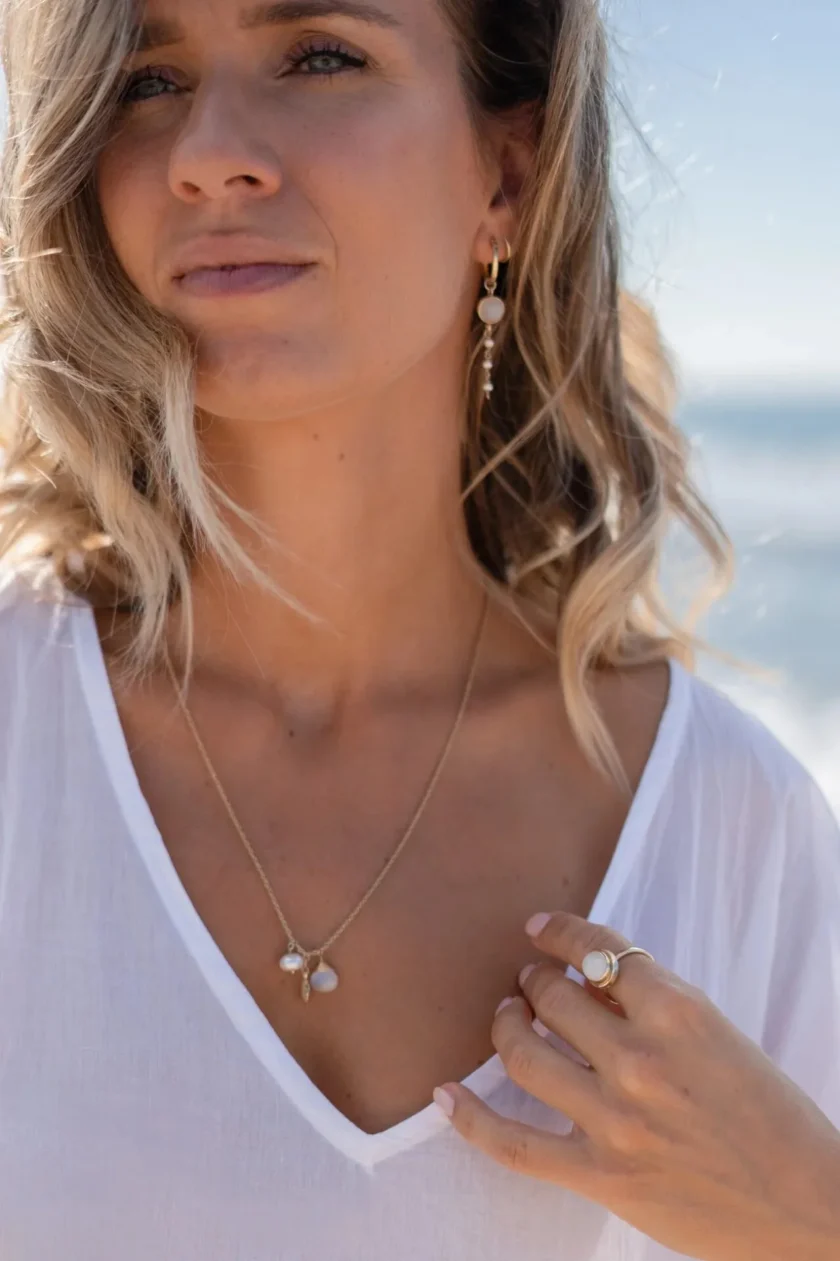 Earring Pearl Chain Gold White – Image 4