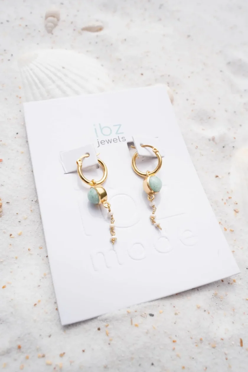 Earring Pearl Chain Gold Aqua – Image 5