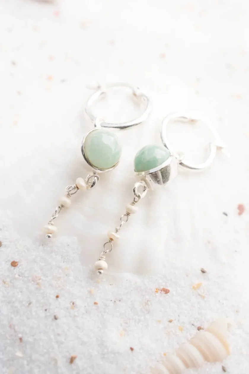 Earring Pearl Chain Silver Aqua – Image 2